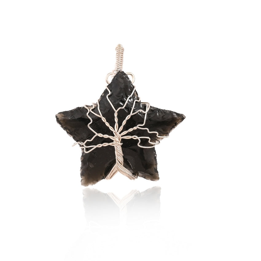 Black Obsidian Star with Wire Wrap Tree Pendant for Men & Women